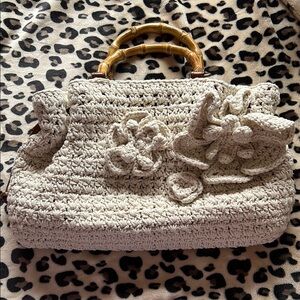 Patricia Nash Cream Crochet Shoulder Bag with Bamboo Handles